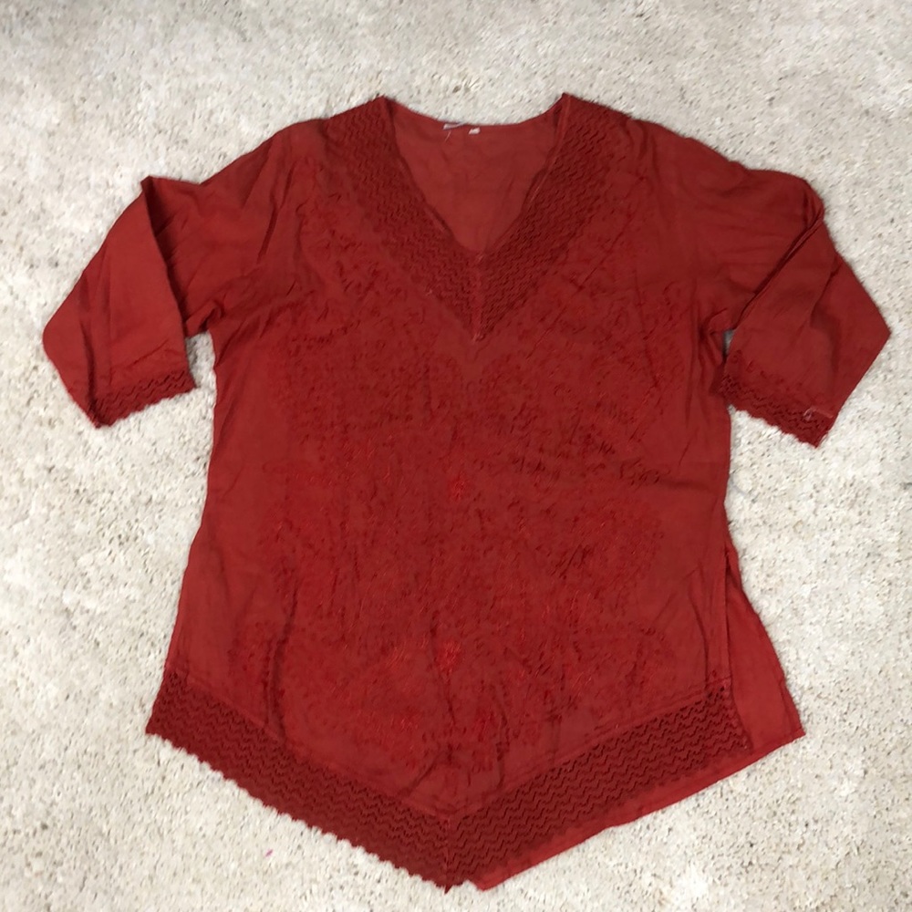 100 % Cotton. Hand embroidered in India. XL Burnt Orange. Sienna.
